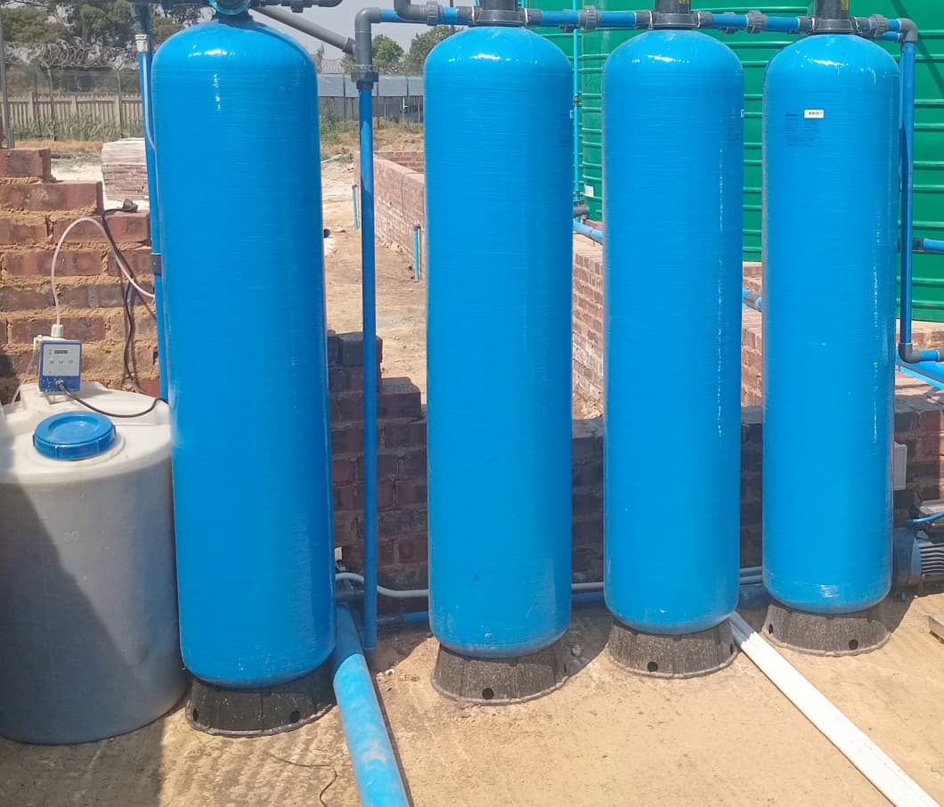 Multi-stage water filtration tanks installed on site