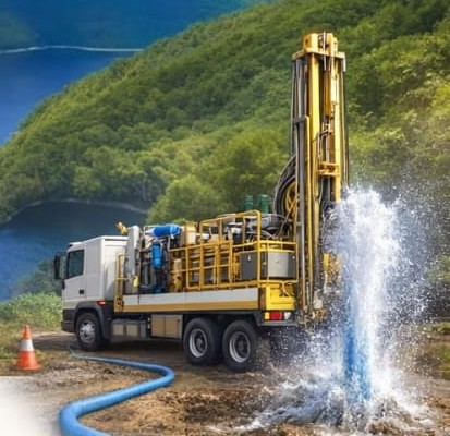TG Pro drilling rig on site striking water during a borehole drilling job